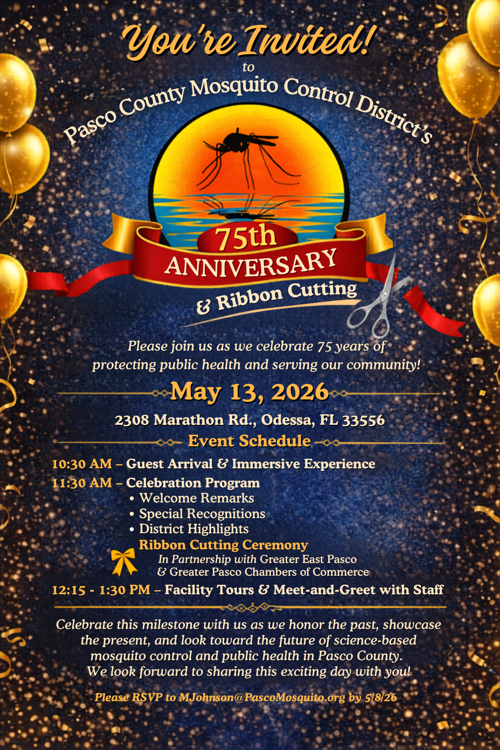 Invitation for Pasco County Mosquito Control District’s 75th Anniversary & Ribbon Cutting; features a sunset logo, gold balloons, red ribbon, and event details.
