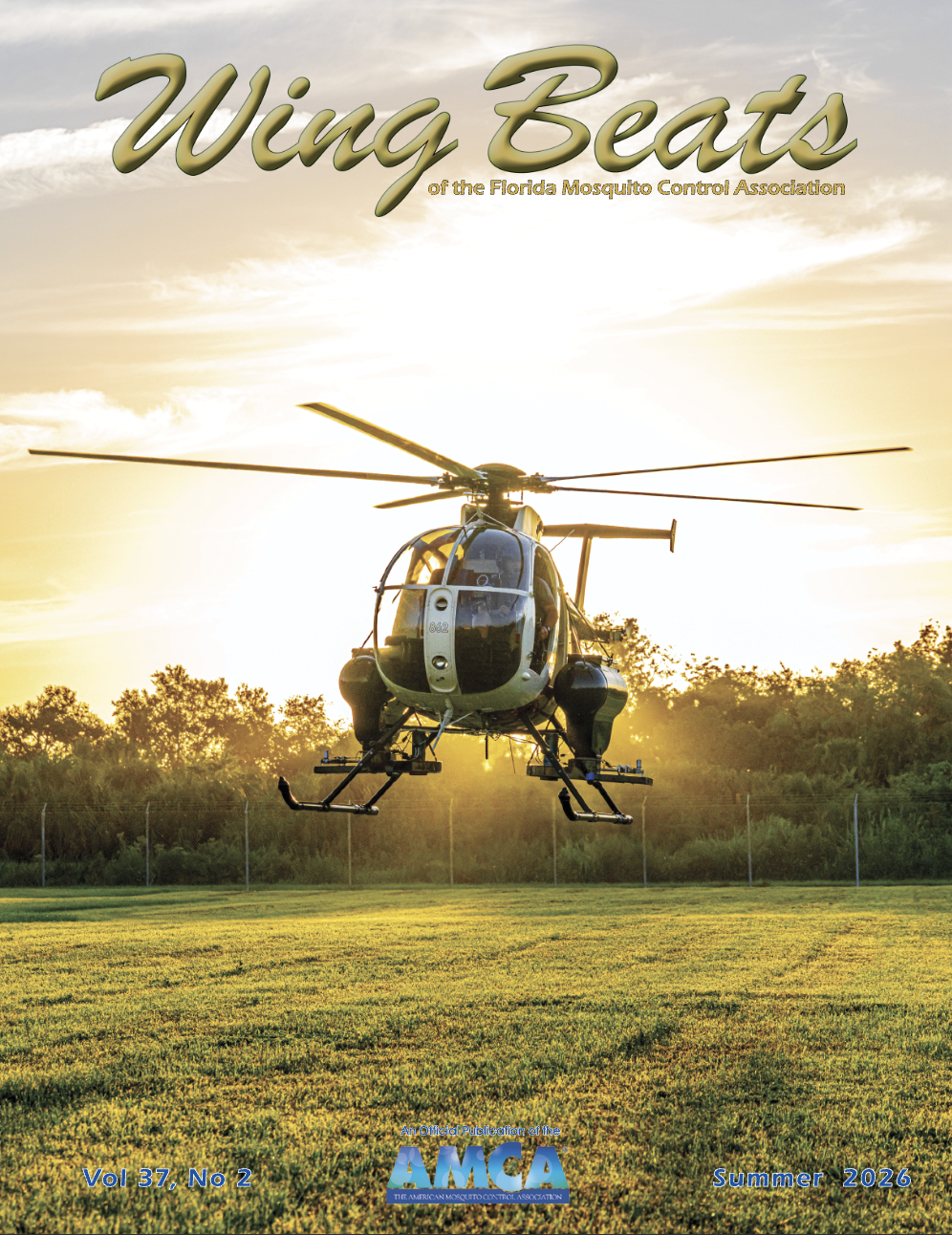 Wing Beats magazine cover showing a helicopter hovering over a sunlit grassy field for the Florida Mosquito Control Association, Summer 2026.